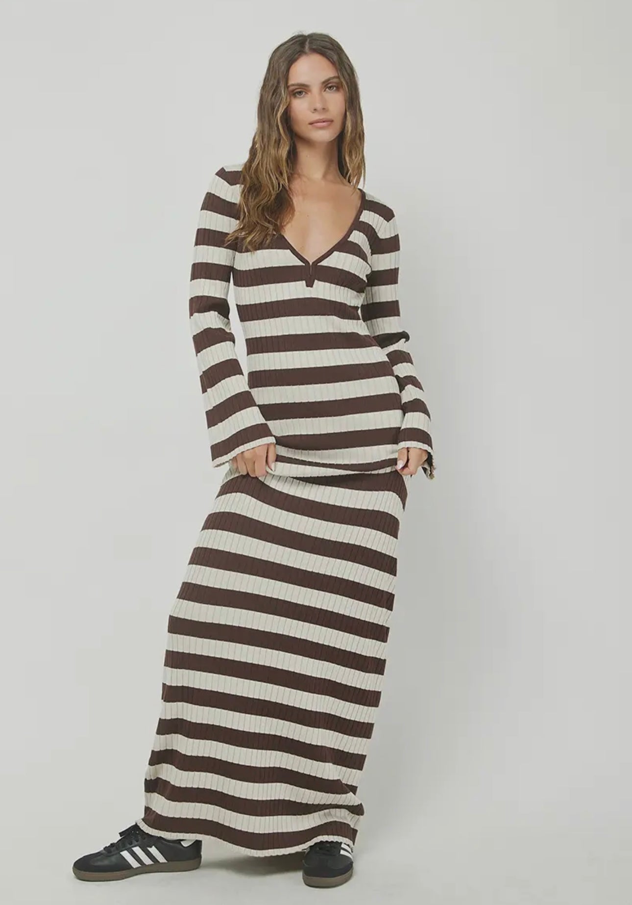 Brown long sleeve striped maxi dress 