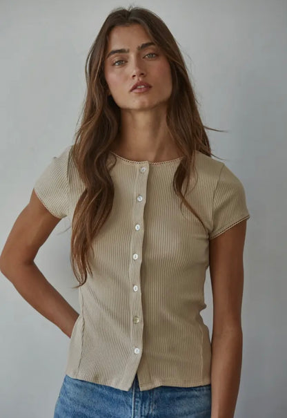 beige short sleeve cardigan